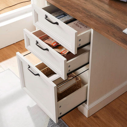 2 Piece Office Workstation with Desk + Rolling File Cabinet in 2 Toned White/Brown