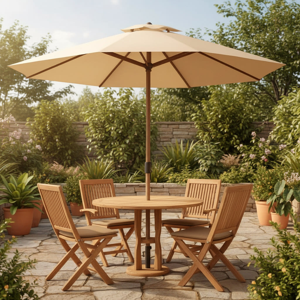 9 Foot Outdoor Patio Umbrella With Push Button Tilt in Light Tan