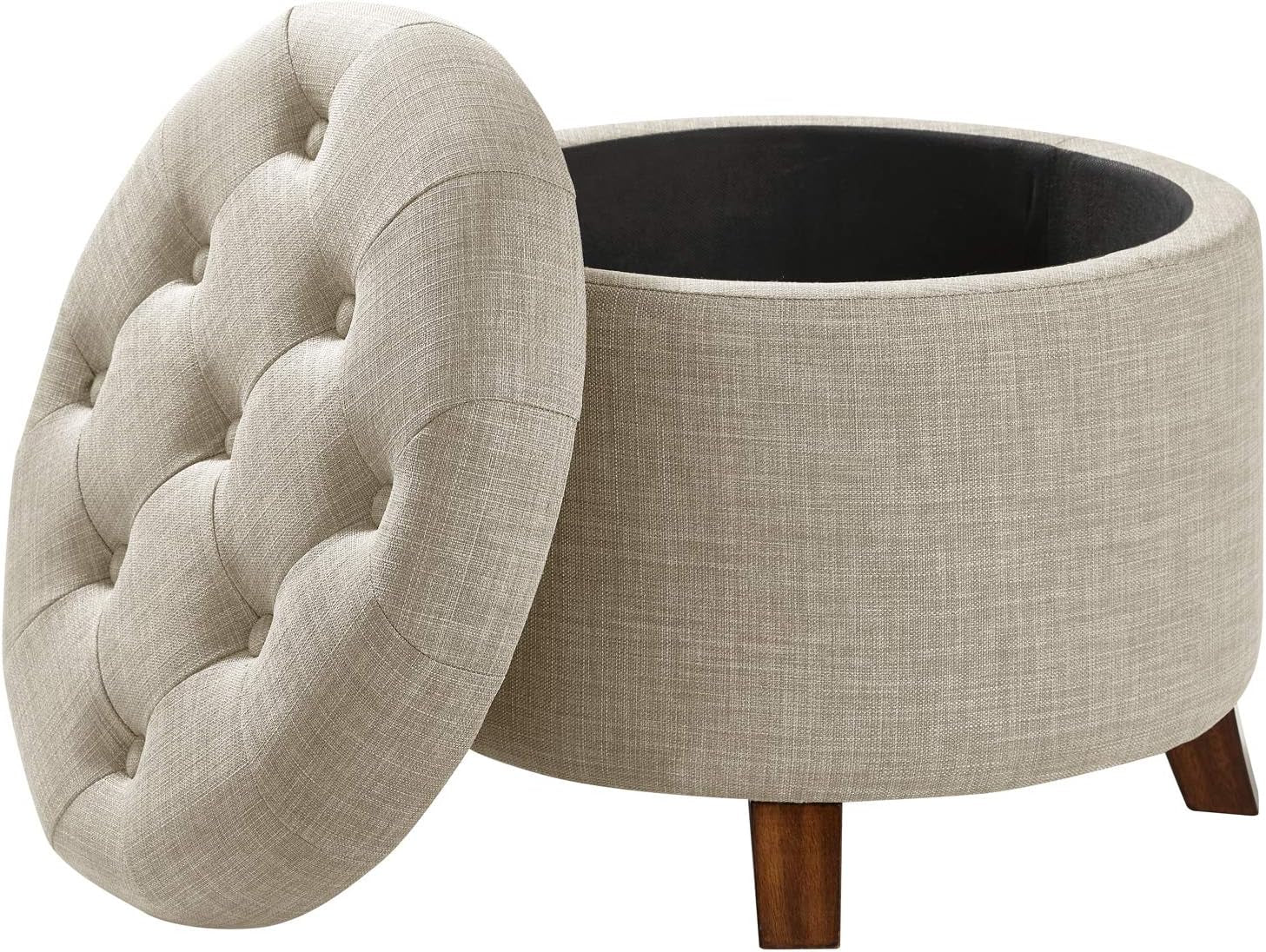 Beige Linen Round Storage Ottoman