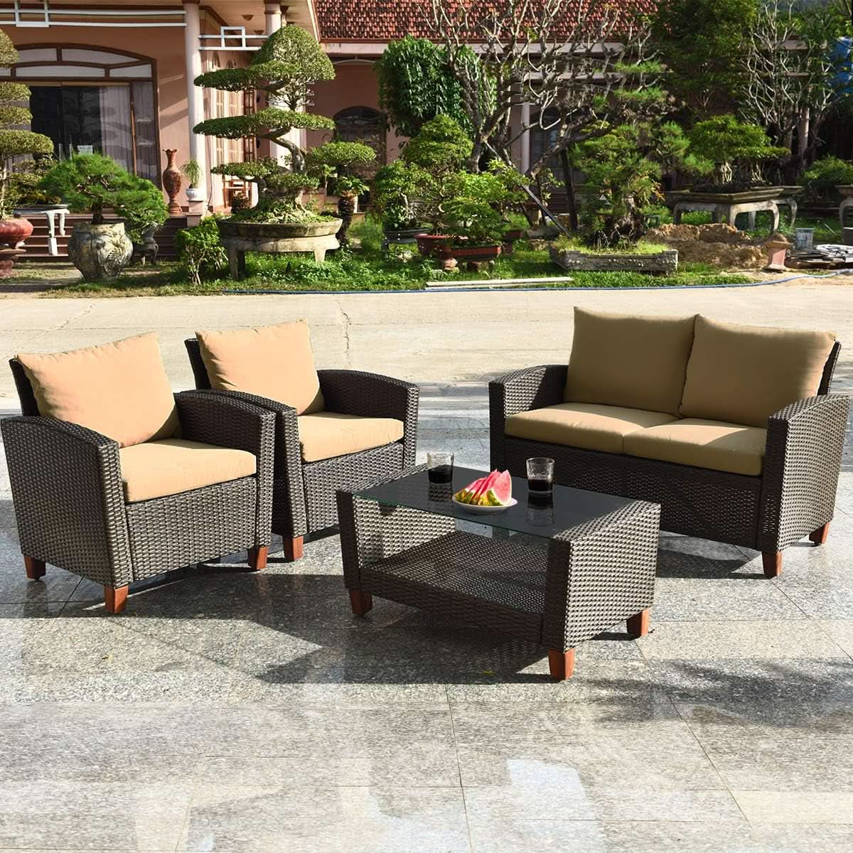 4 Piece Rattan Patio Conversation Set - Beige