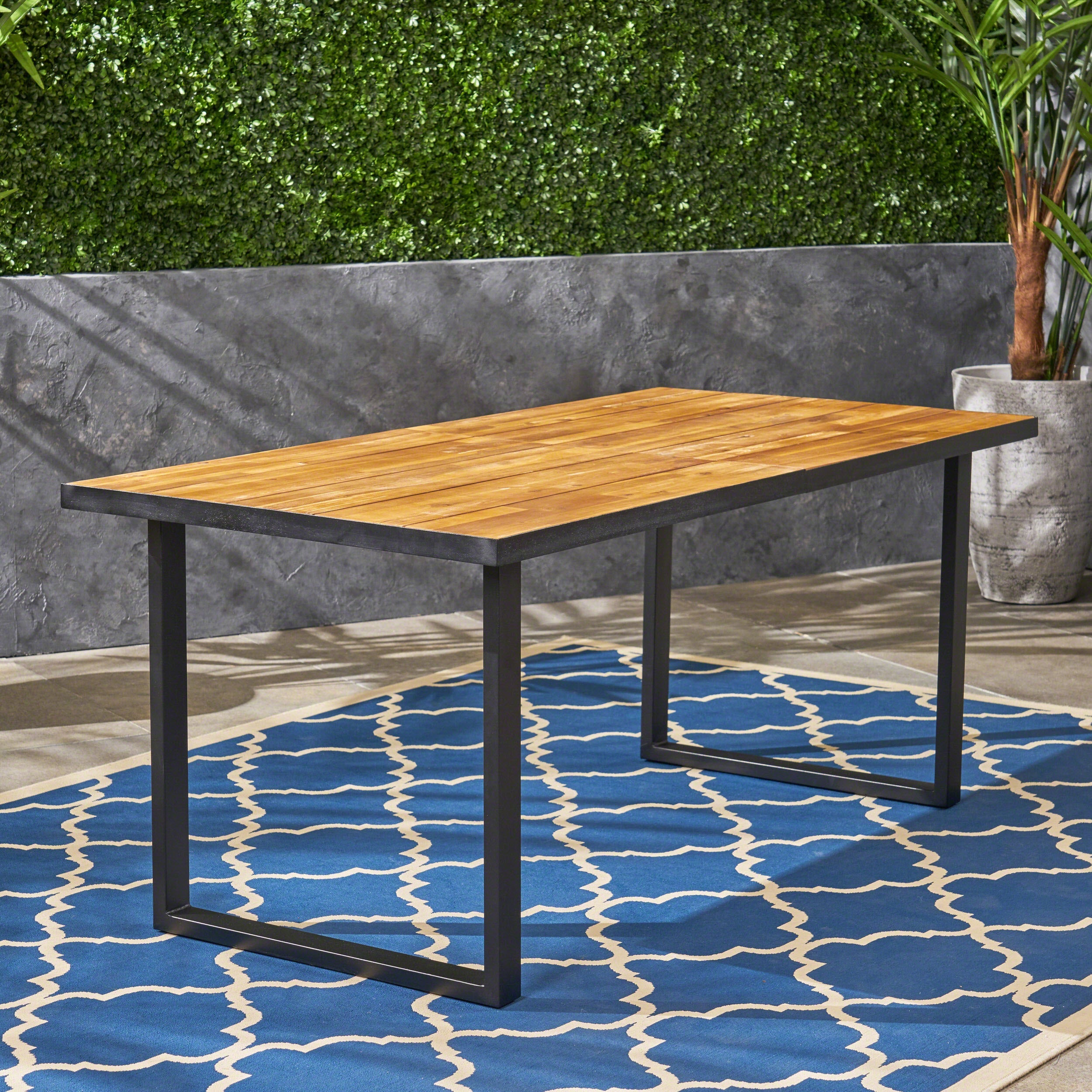 Outdoor Dining Table with Iron Legs and Teak Table Top