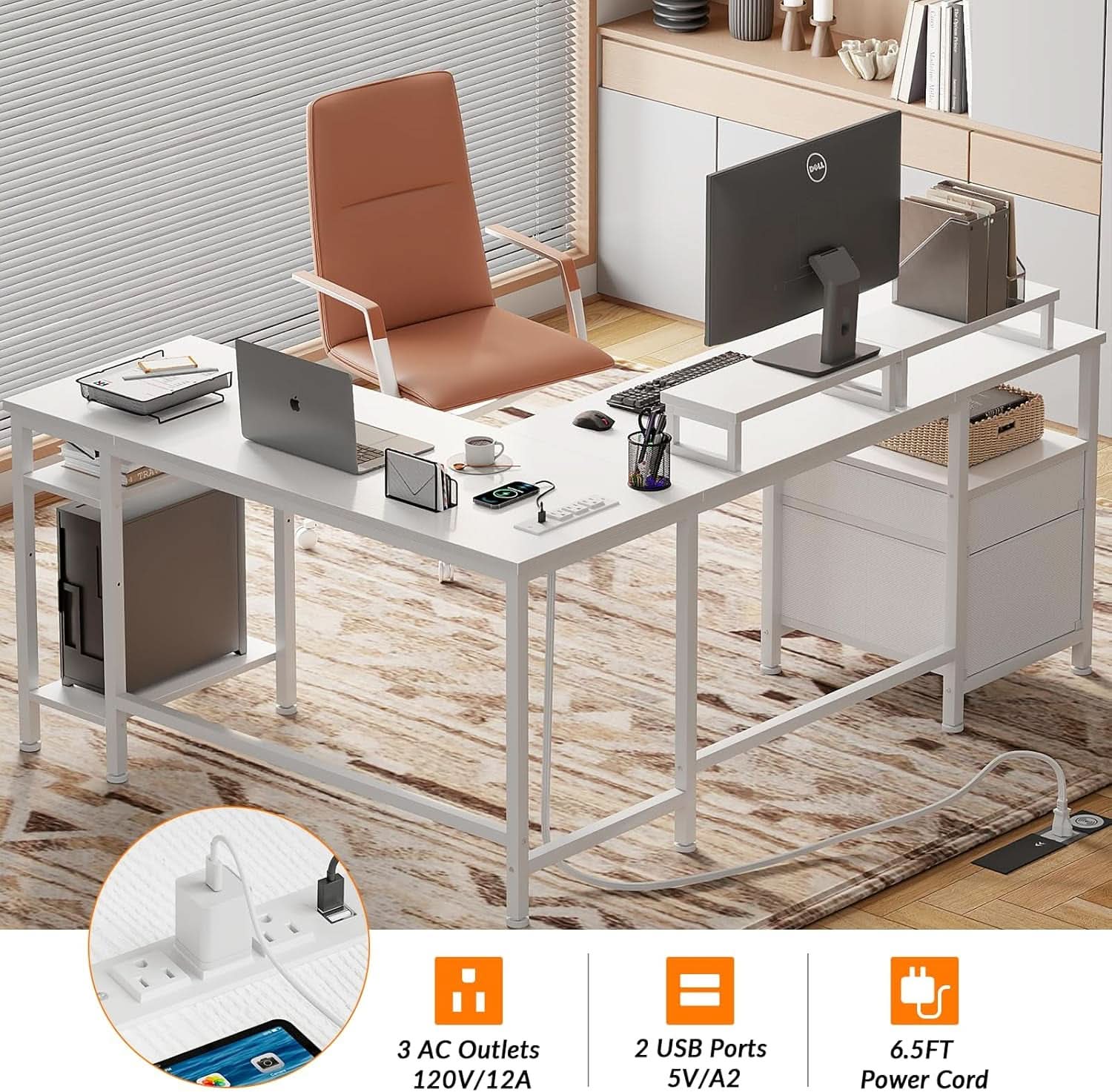 White 59" Corner Workstation with Power Outlets