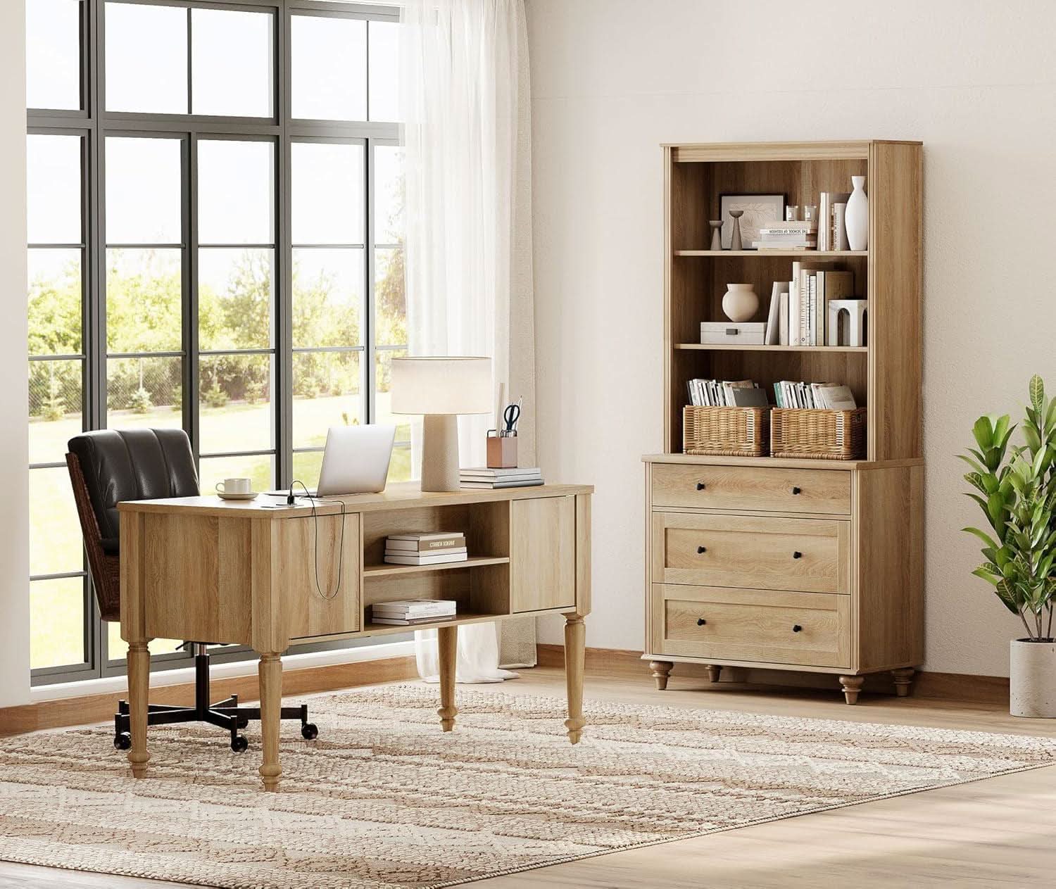 Oakwood Finish Office Suite - 56" Executive Desk With USB Charging + Bookcase