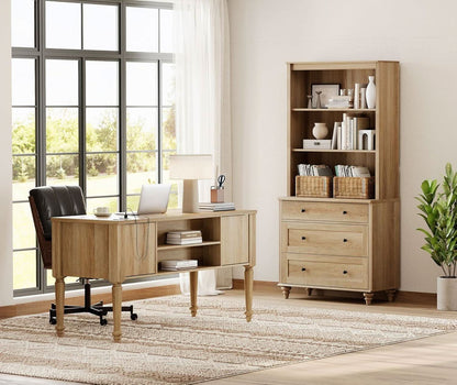 Oakwood Finish Office Suite - 56" Executive Desk With USB Charging + Bookcase
