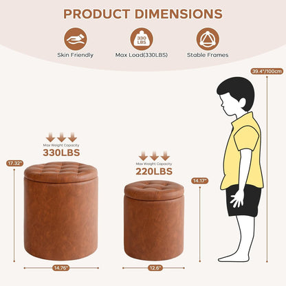 Brown Faux Leather Round Storage Nesting Ottomans - 2 pc Set