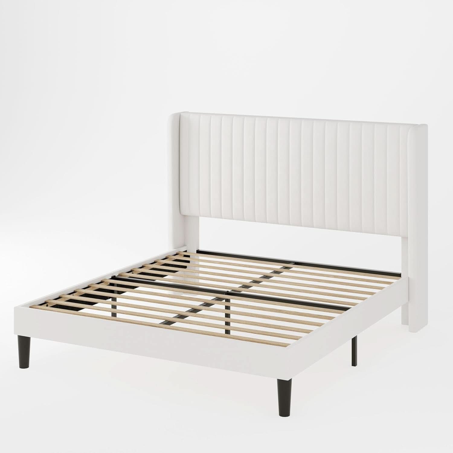 Full Size Bed Frame With Wingback Tufted Headboard in White Velvet