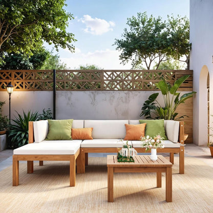 Minimalist Acacia Wood Outdoor Sectional Sofa Set with Beige Cushions
