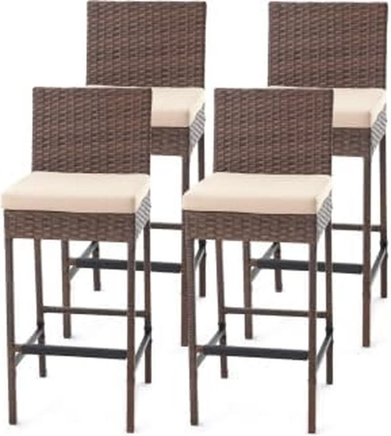 Outdoor Rattan Bar Stools w/ Beige Cushions - Set of 4