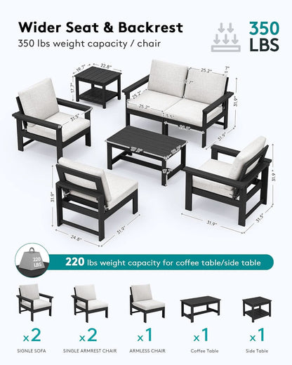 HDPE 7 Piece Outdoor Patio Furniture Set - Black/White