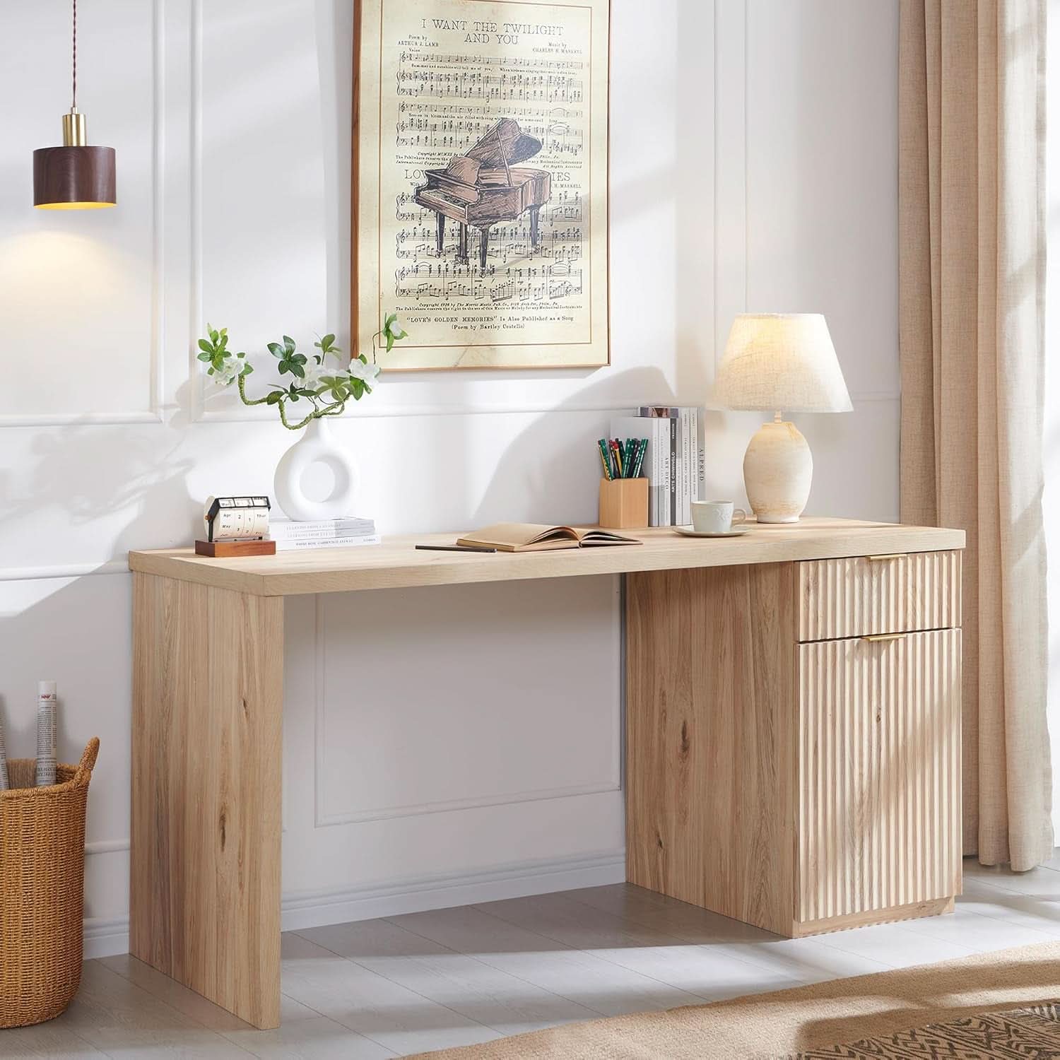 60 Inch Handcrafted Executive Desk With Storage Cabinet in Natural Oak Finish