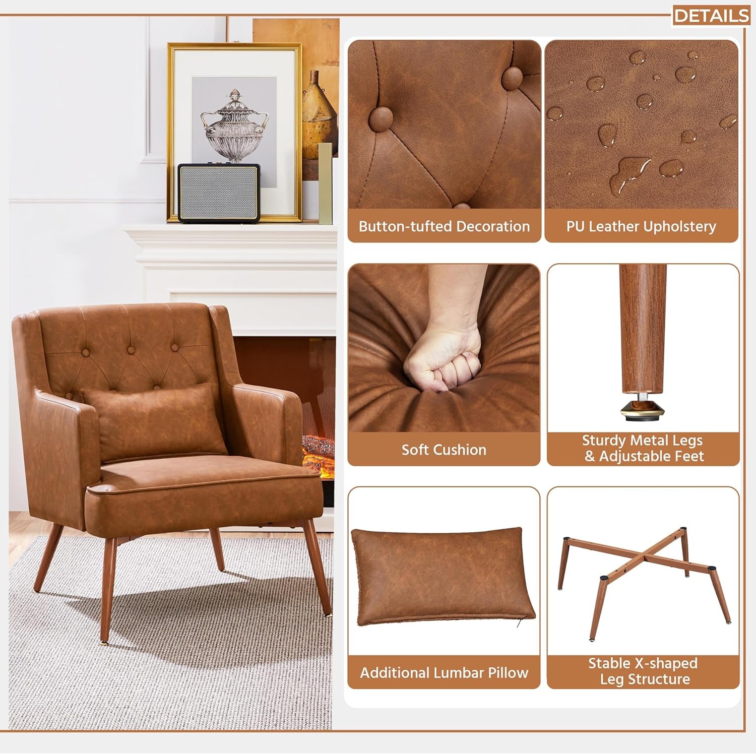 Brown Leatherette Mid Century Accent Chairs - 2 pc Set