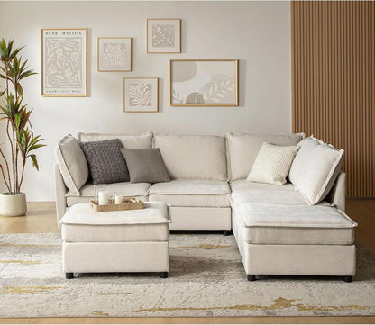 Oversized Modular Cloud Sectional Sofa w/ Storage Ottoman - Beige