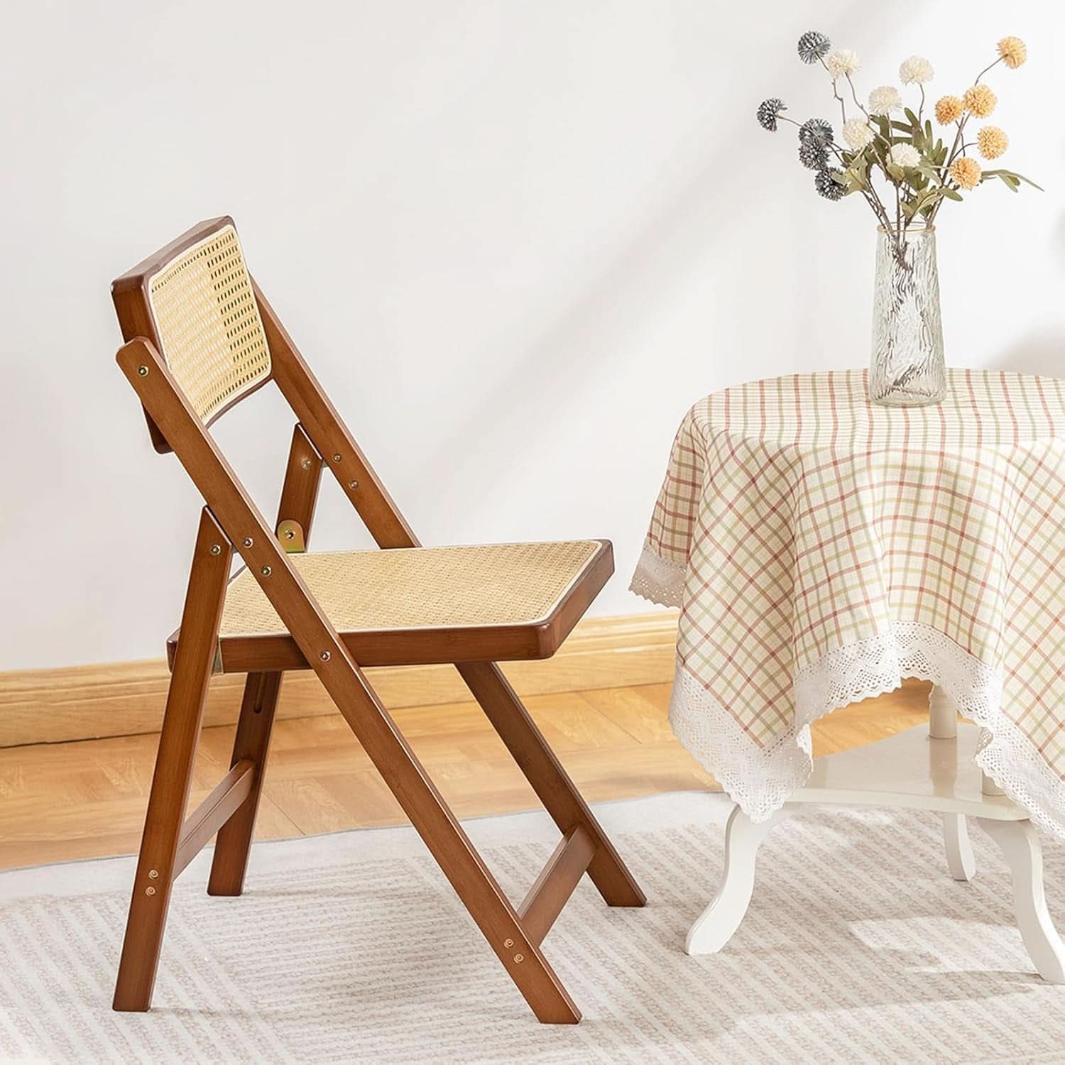 Rattan Folding Chair with Walnut Frame For Indoor/Outdoor Dining