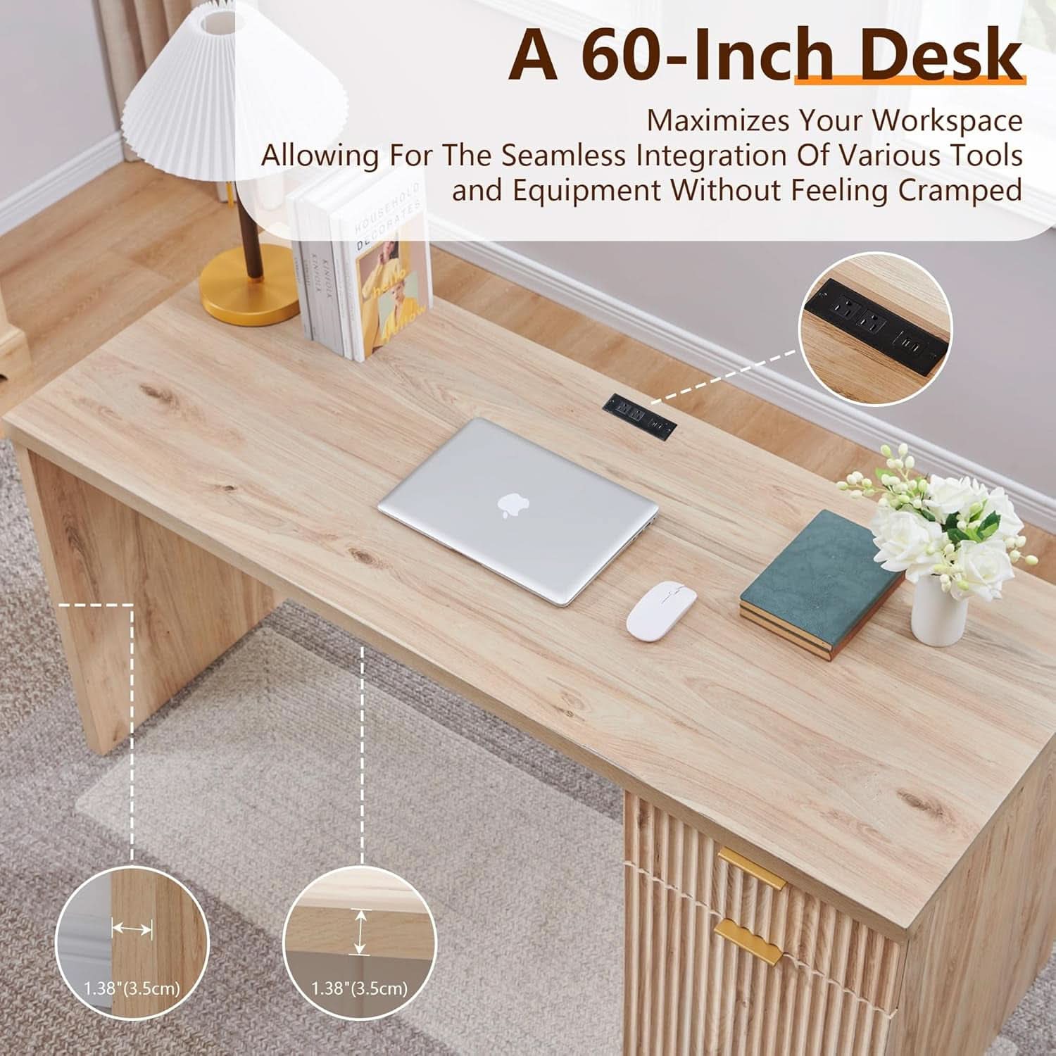 60 Inch Handcrafted Executive Desk With Storage Cabinet in Natural Oak Finish