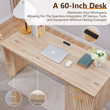 60 Inch Handcrafted Executive Desk With Storage Cabinet in Natural Oak Finish