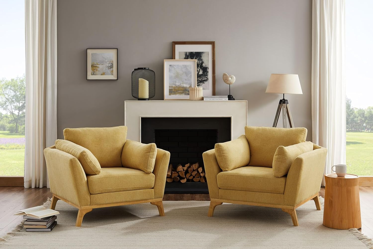 Large Linen Upholstered Accent Chair in Yellow