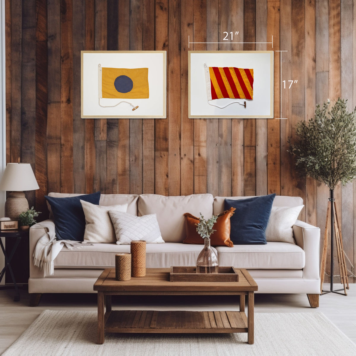 Red and Yellow Striped Flag in Natural Wooden Frame - 20 x 16 inch