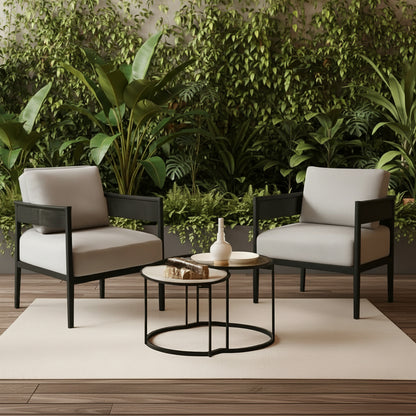 Outdoor Wicker Conversation Set With 2 Chairs and 2 Nesting Tables in Black and Greige