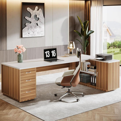 L-Shaped Executive Desk with Storage Cabinet - White Walnut