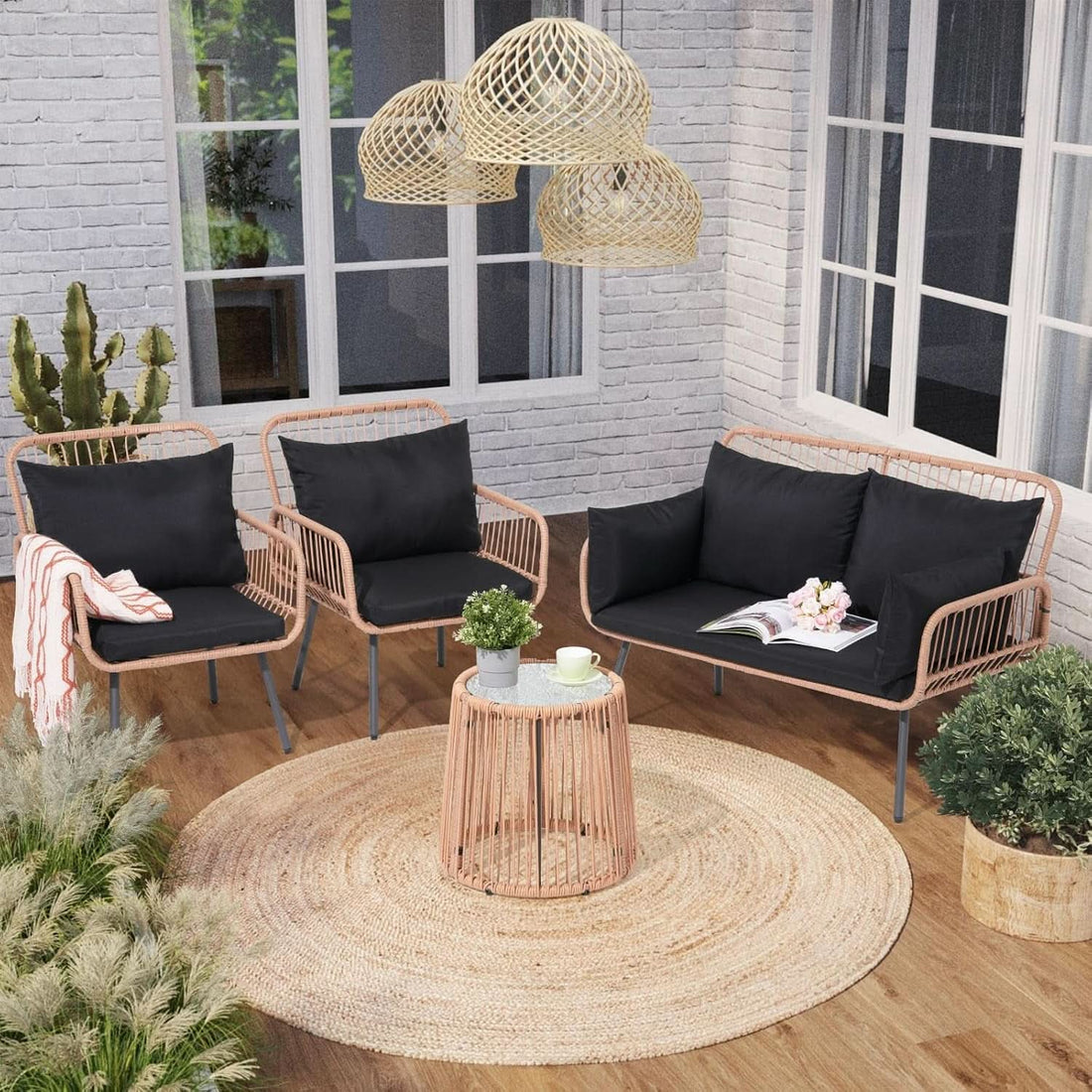 Stylish Four Piece Outdoor Wicker Patio Furniture Set in Black