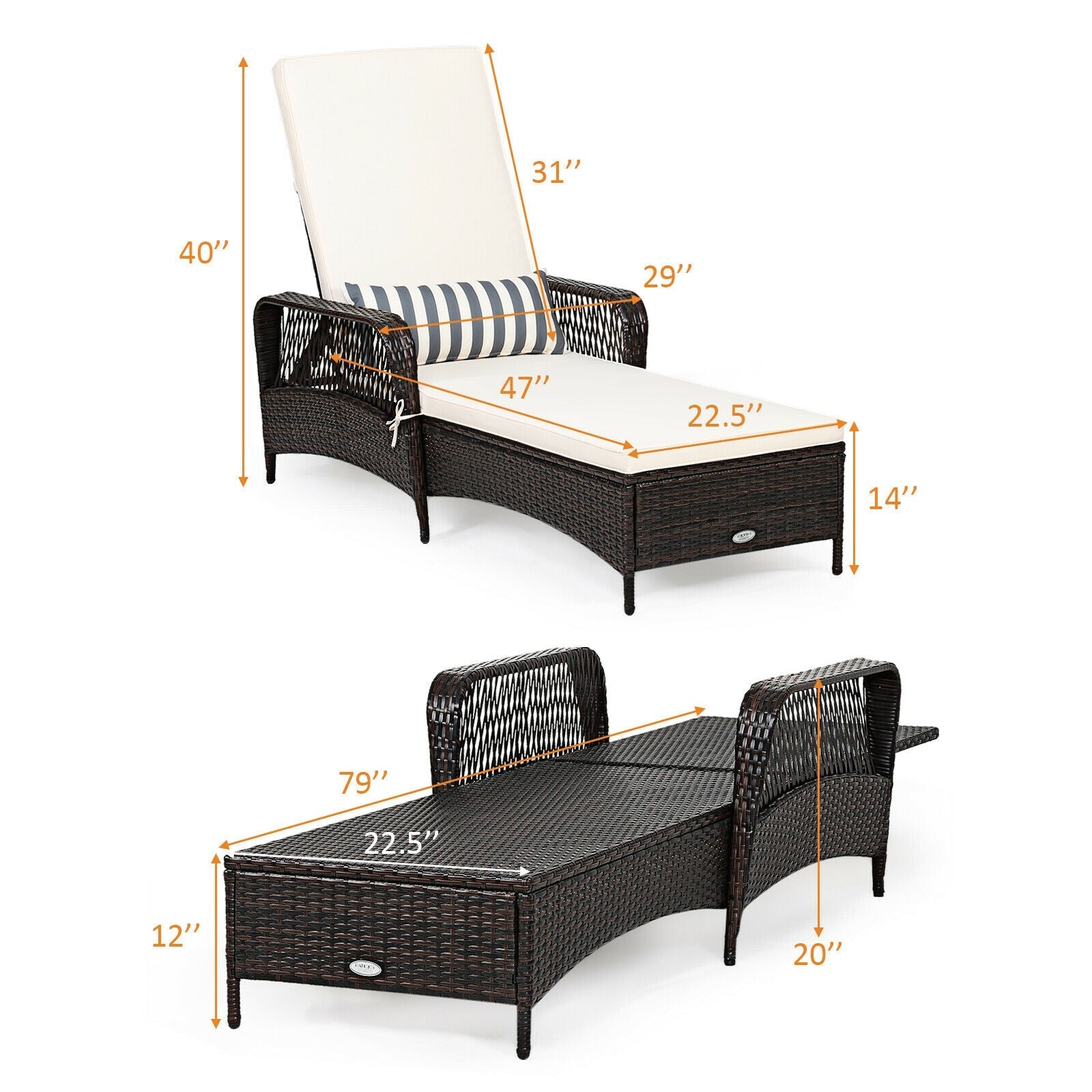 Outdoor Wicker Chaise Loung with Adjustable Backrest and Pillow