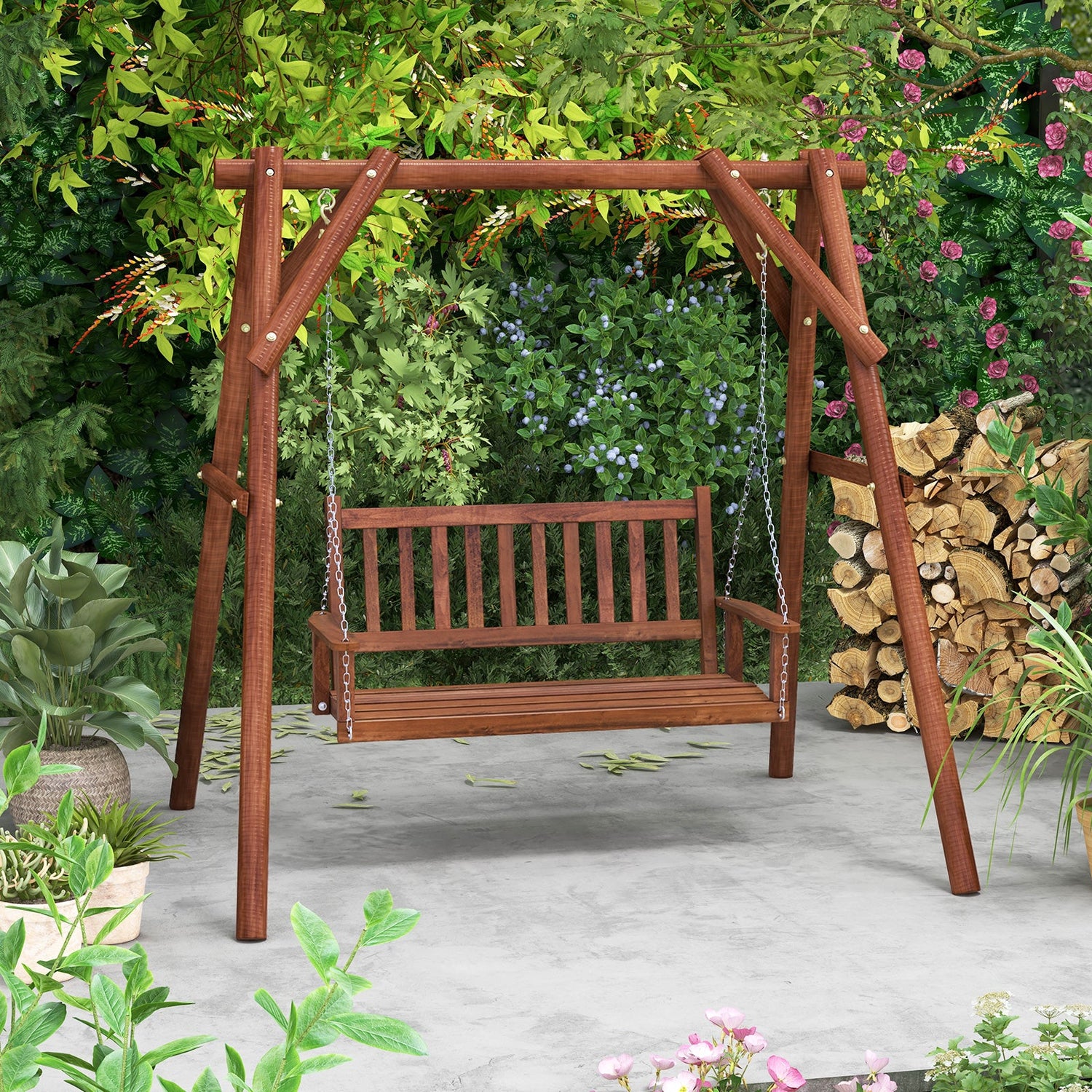2-Person Wooden Outdoor Porch Swing with 500 lbs Weight Capacity - Brown or White
