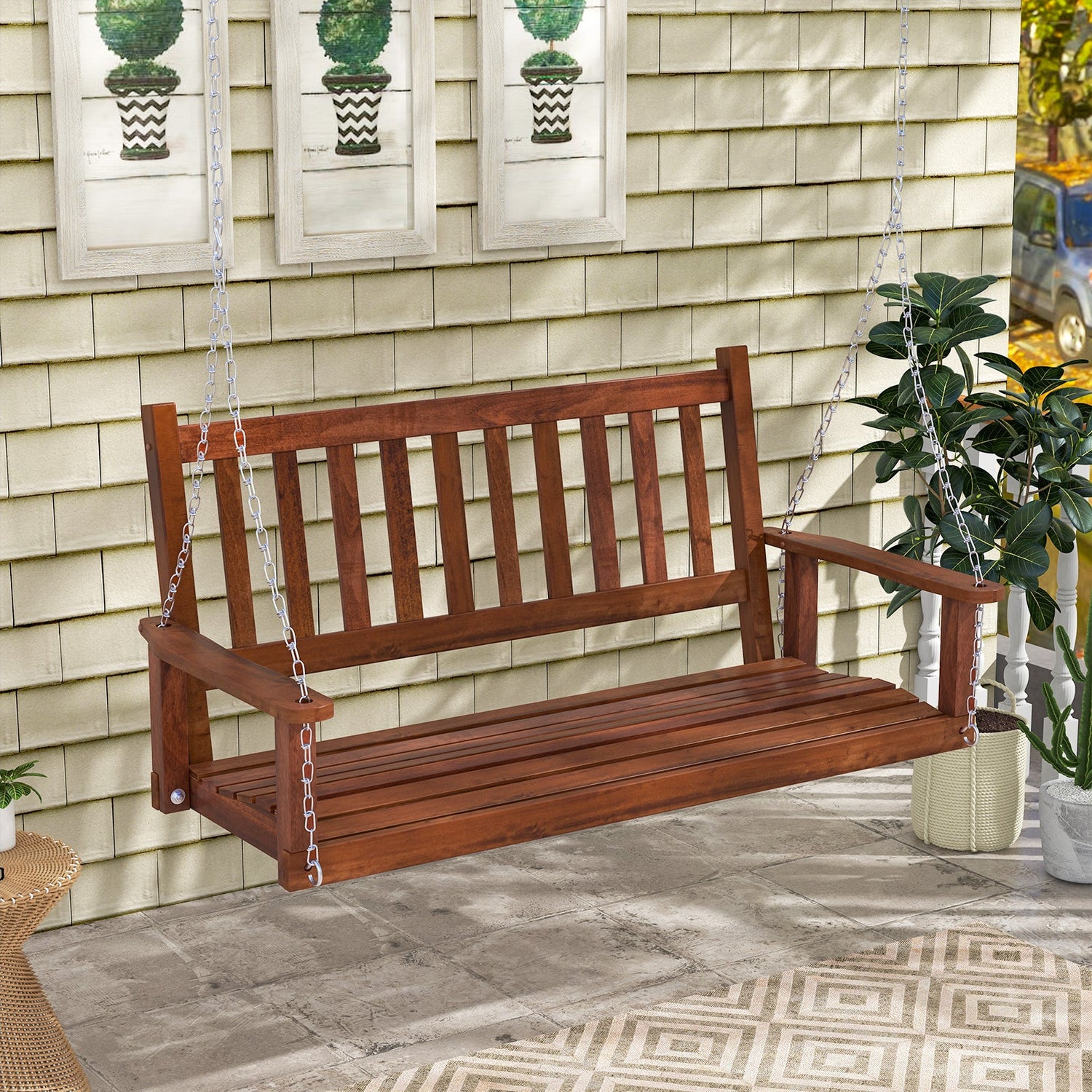 2-Person Wooden Outdoor Porch Swing with 500 lbs Weight Capacity - Brown or White