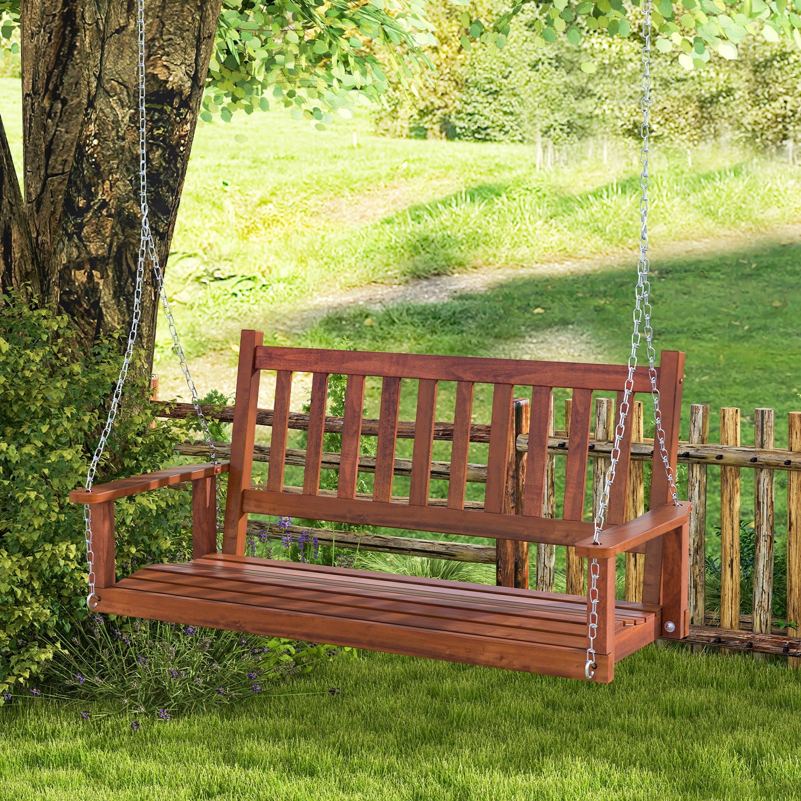2-Person Wooden Outdoor Porch Swing with 500 lbs Weight Capacity - Brown or White