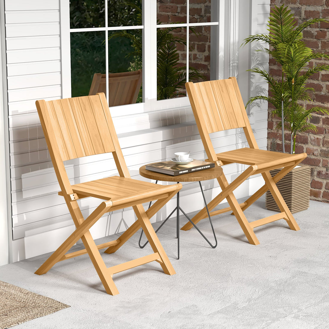 Set of 2 Teak Wood Outdoor Folding Chairs