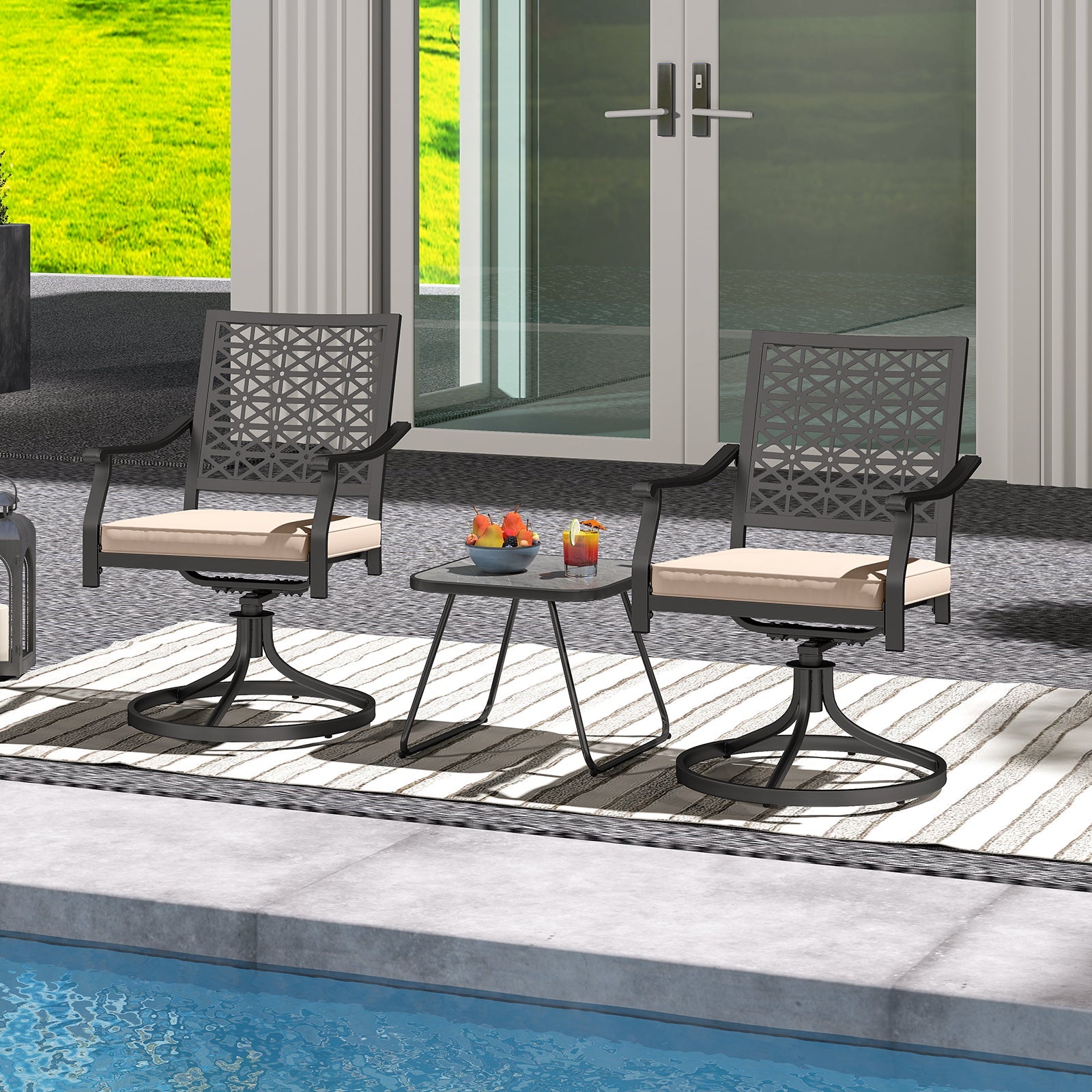 Set of 2 Outdoor Swivel Chairs with Removable Cushions - Beige
