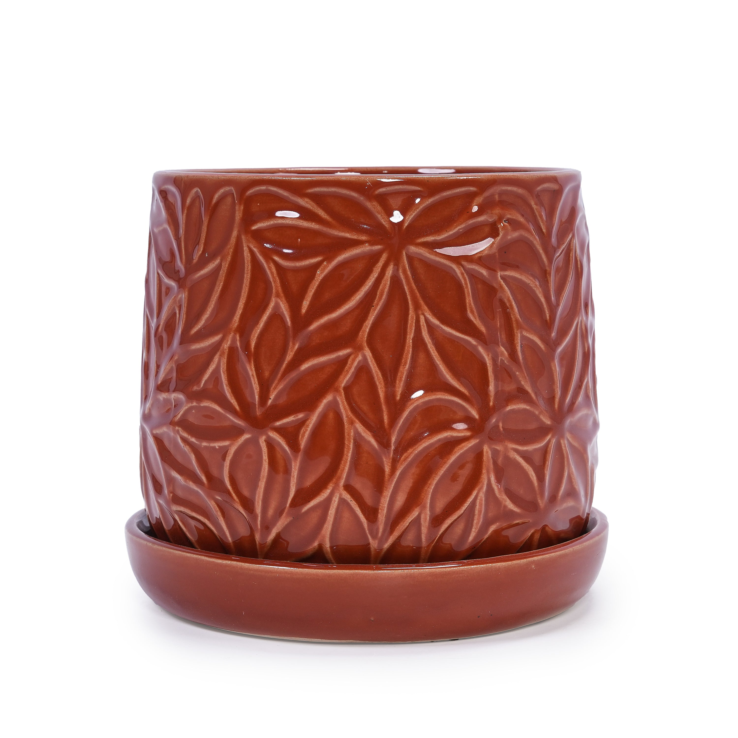 Set of 2 Embossed Ceramic Flowerpots - Red