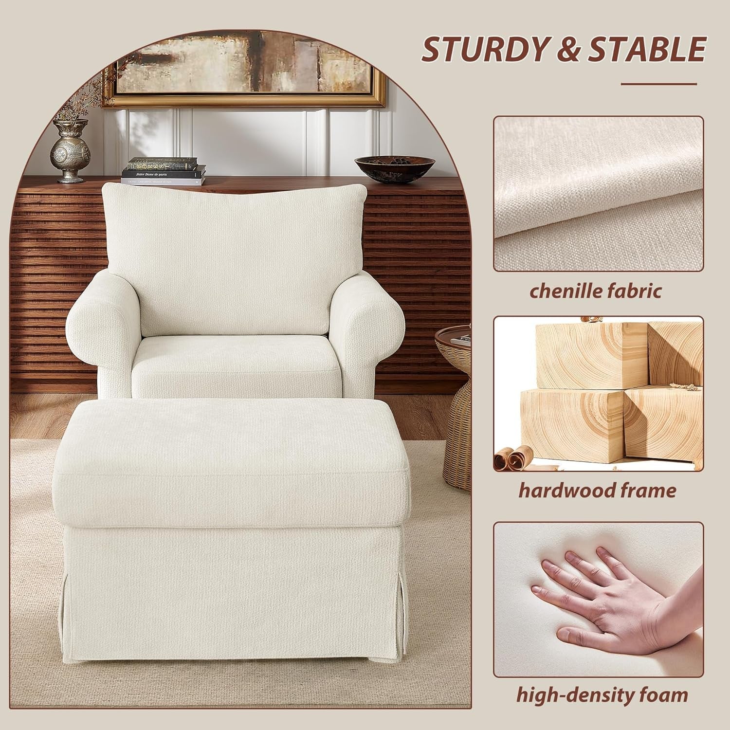 Beige Chenille Contemporary Chair &amp; Ottoman - 2 Pc Set