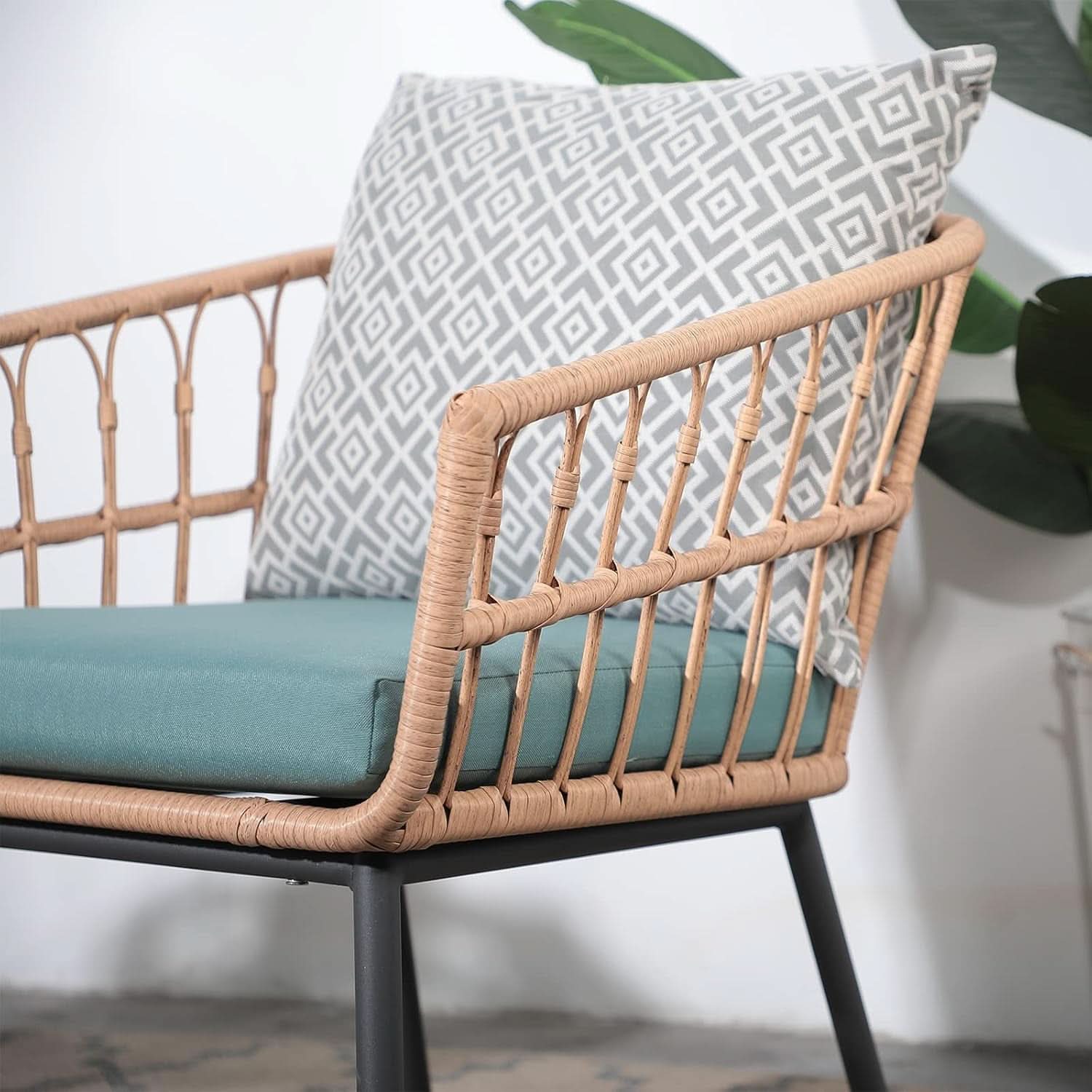 3 Piece Outdoor Conversation Set With Wicker Chairs and Green Cushions