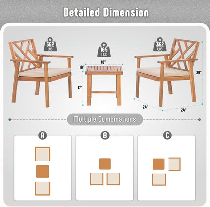 3 Piece Outdoor Acacia Wood Cushioned Chairs And Coffee Table Set