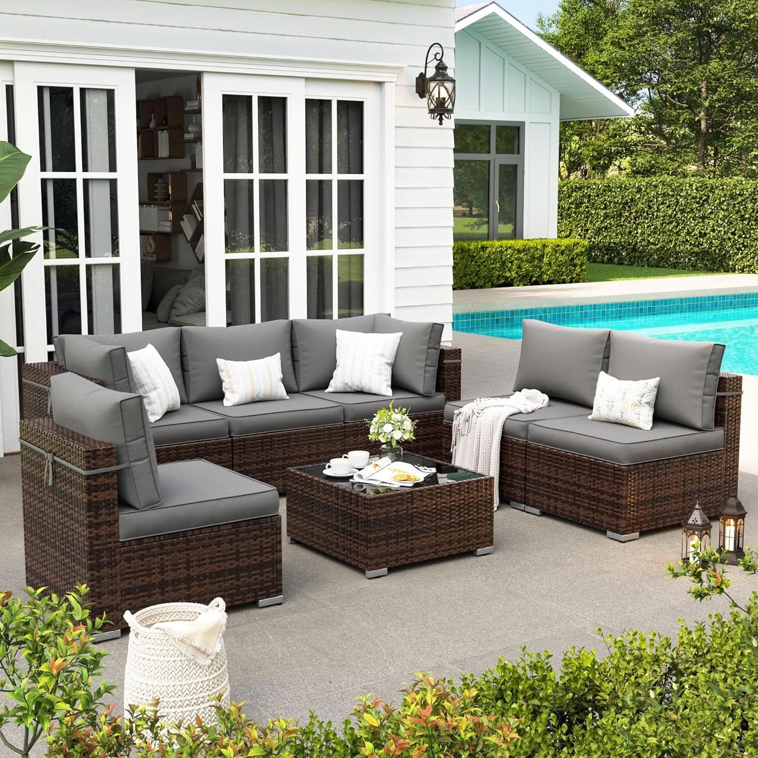 7 Piece Outdoor Modular Sectional Set With Waterproof Cover