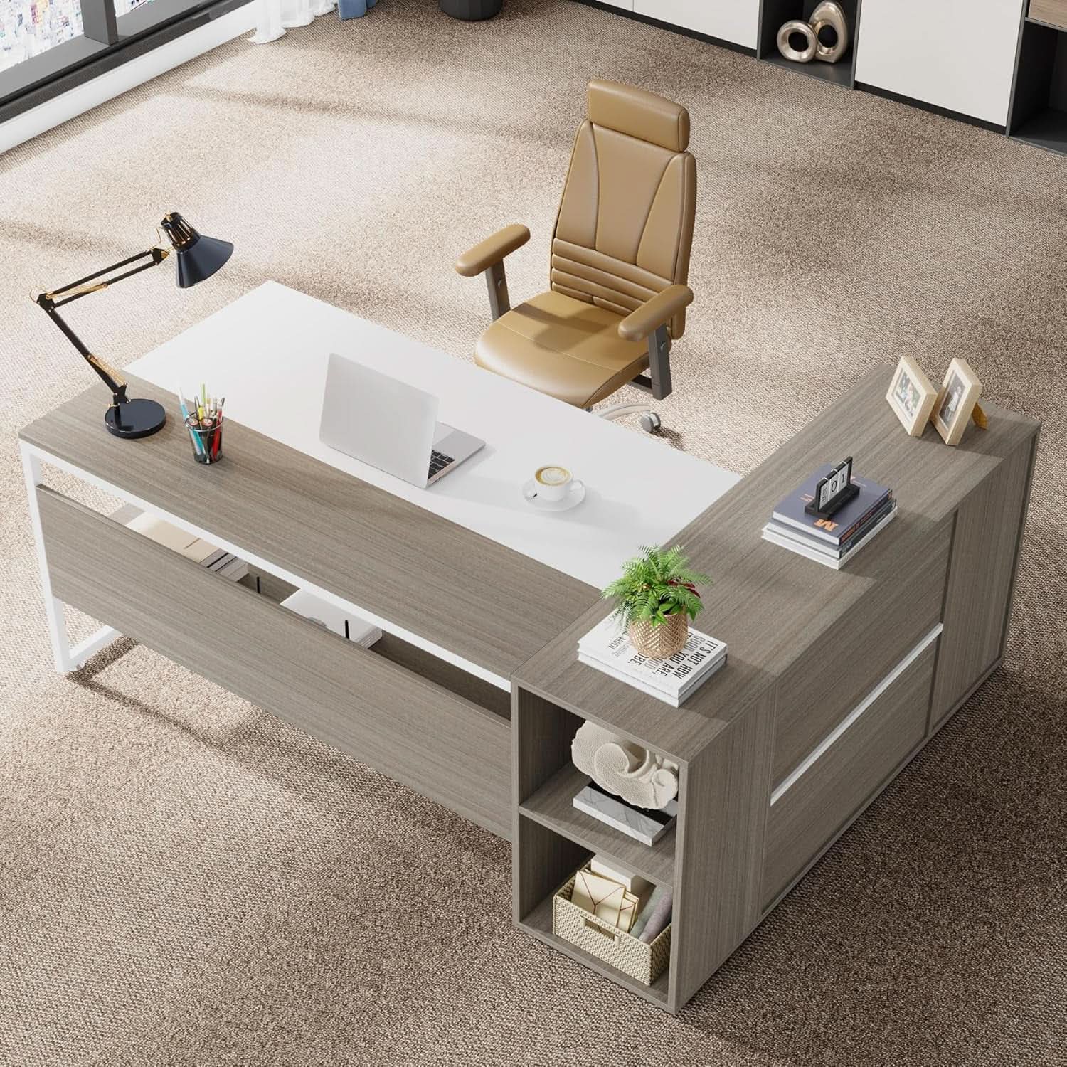 71 Inch L-Shape Executive Desk with Cabinets - 2 Tone Gray/White
