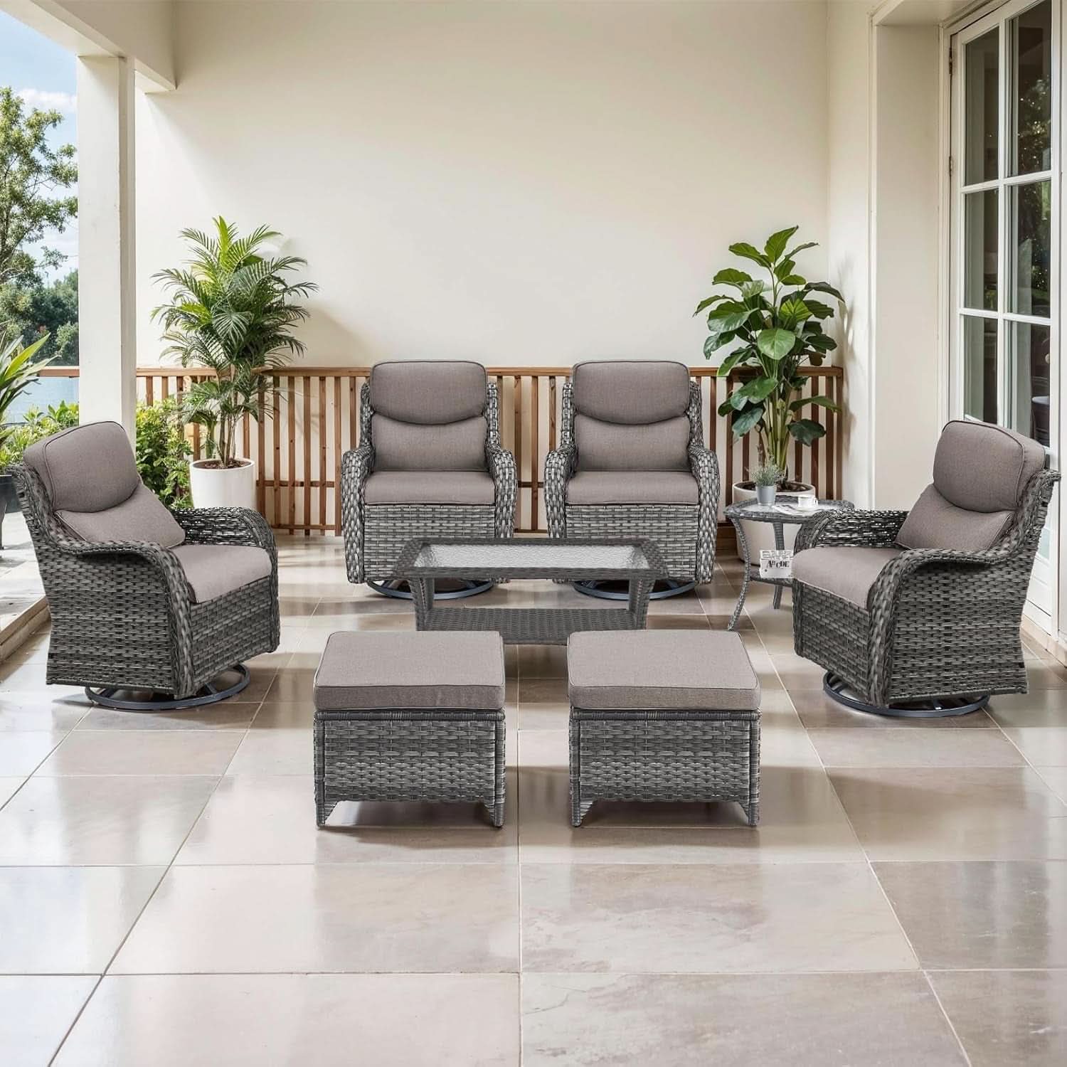 8-Piece Outdoor Wicker Lounge Set with Swivel Chairs, Ottomans, Tables - Gray