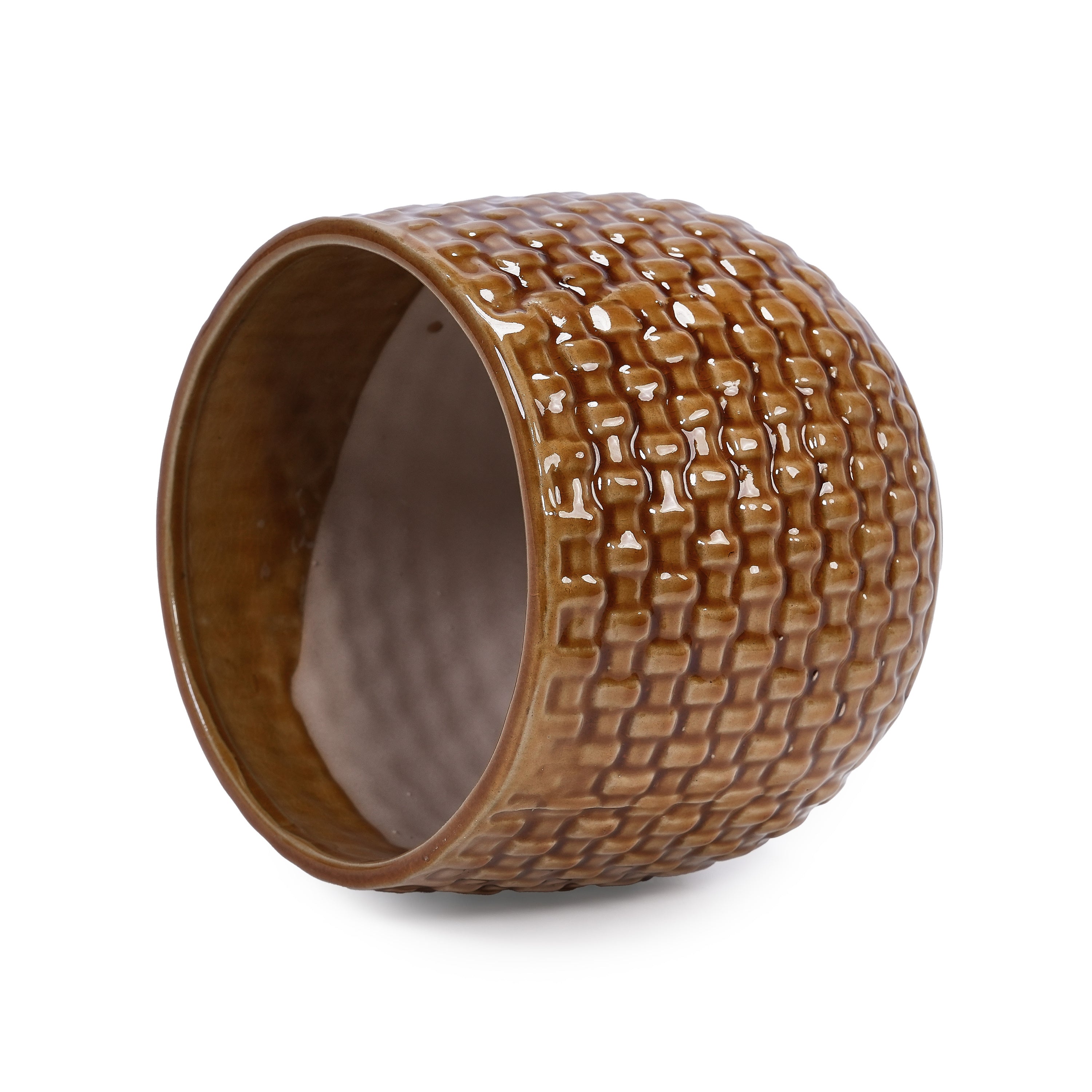Set of 3 Weave Pattern Ceramic Pots - Brown