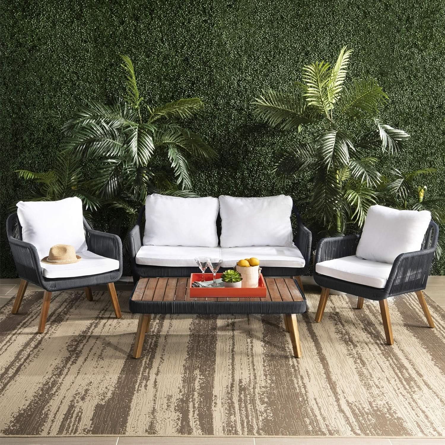 Outdoor 4 Piece Eucalyptus Rope Furniture Set With Cream Cushions