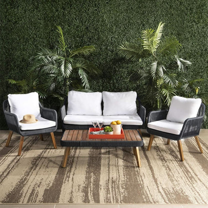 Outdoor 4 Piece Eucalyptus Rope Furniture Set With Cream Cushions