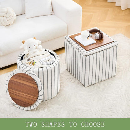 Striped Round Storage Ottoman With Removable Tray