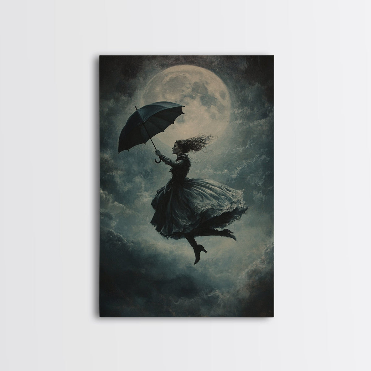 The Witch and her Umbrella Framed Canvas