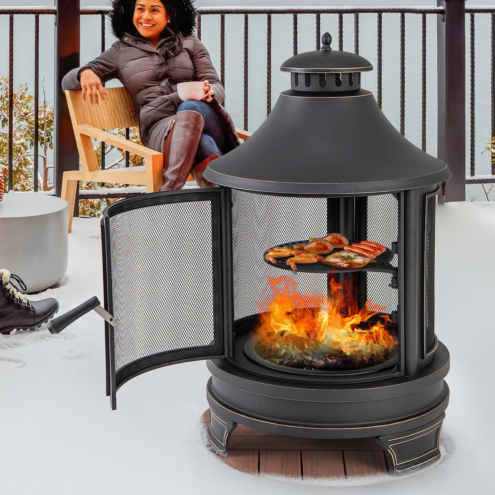 Outdoor Fire Pit/Chiminey with Grill for Garden BBQ