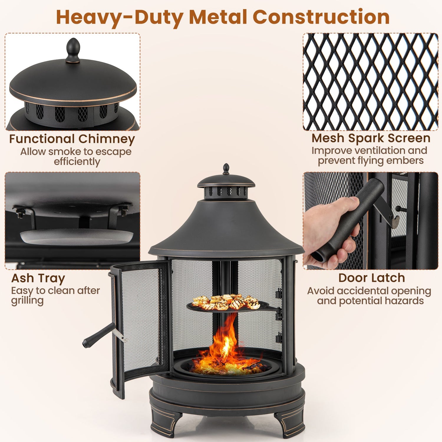Outdoor Fire Pit/Chiminey with Grill for Garden BBQ