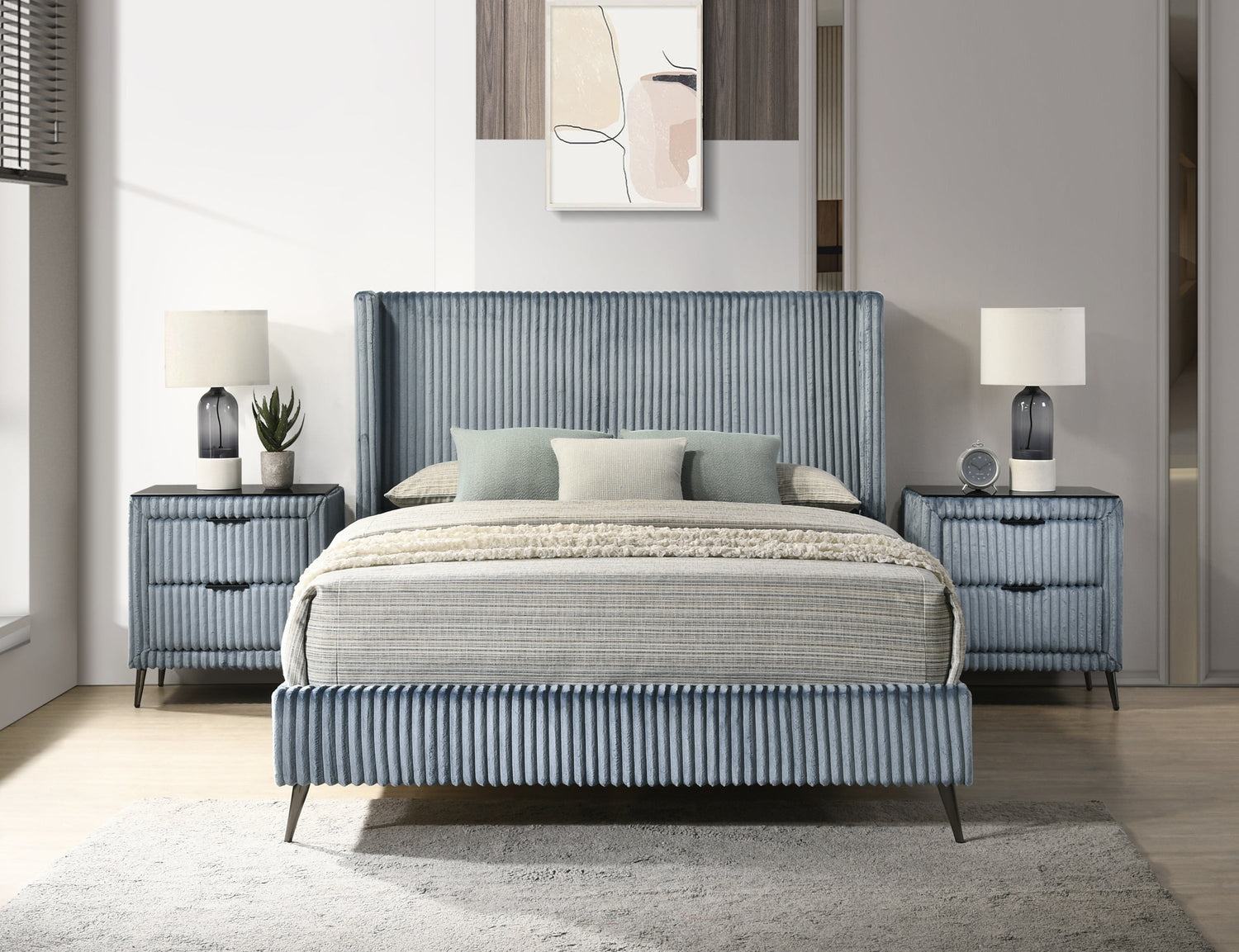 Mavela Wide Wale Corduroy Upholstery Panel Queen Bed with 2 Nightstands, Blue