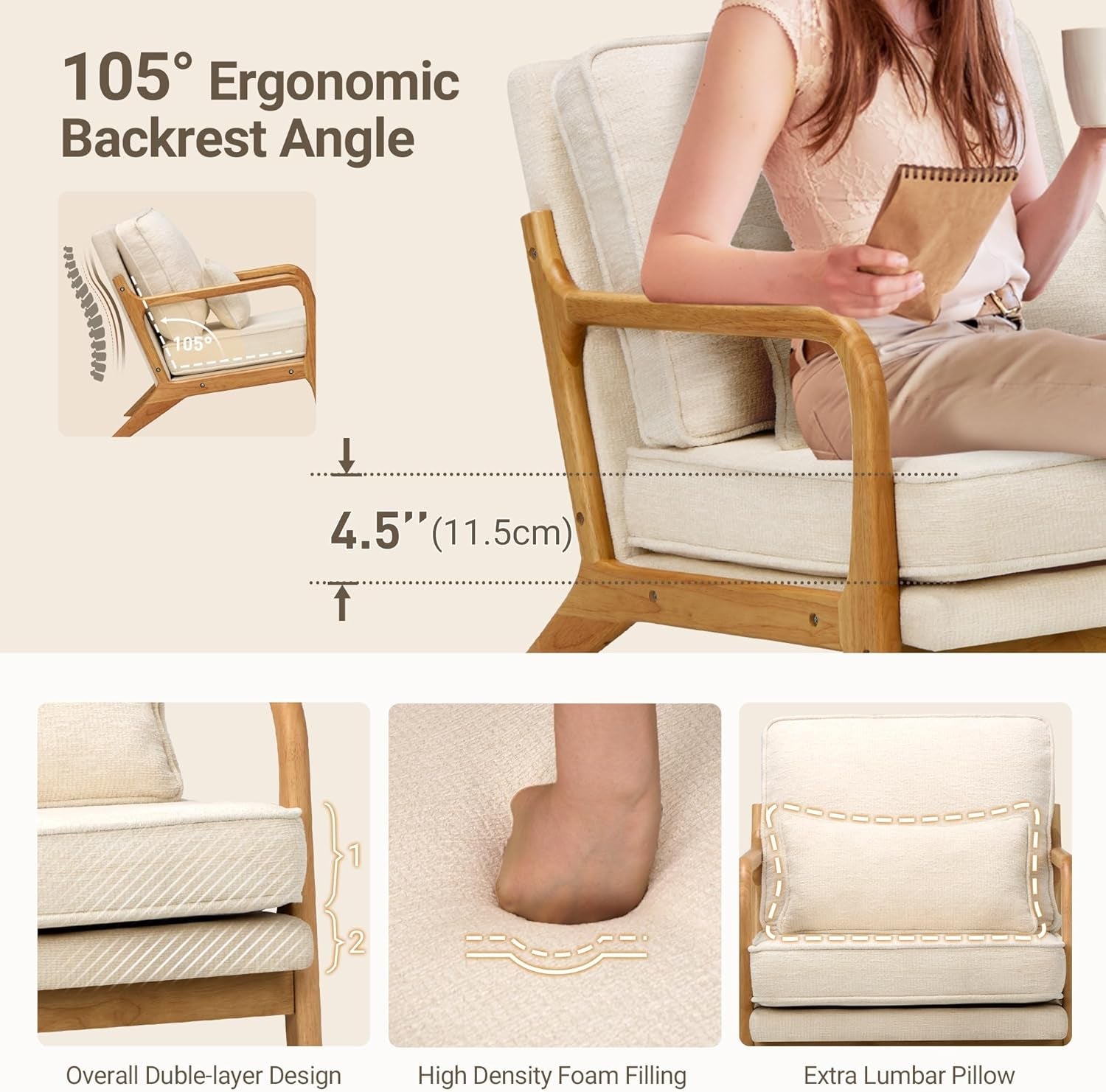 Set of 2 Beige Upholstered Accent Chairs With Pillows