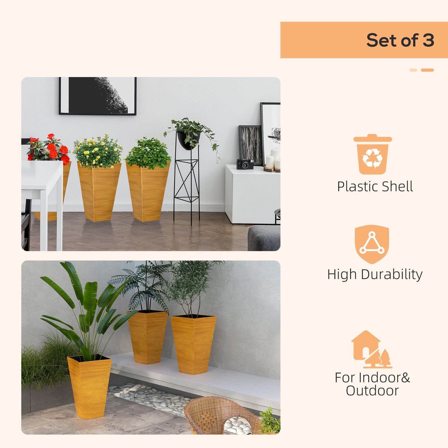 Set of 3 Outdoor Planters in Faux Wood Finish