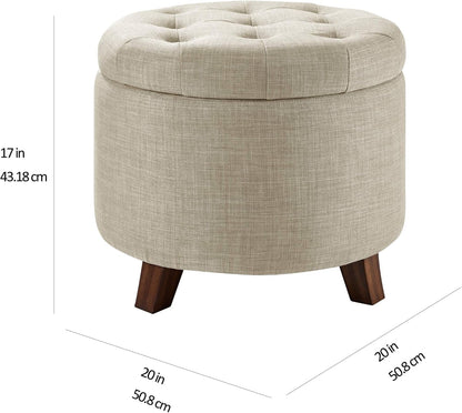 Beige Linen Round Storage Ottoman