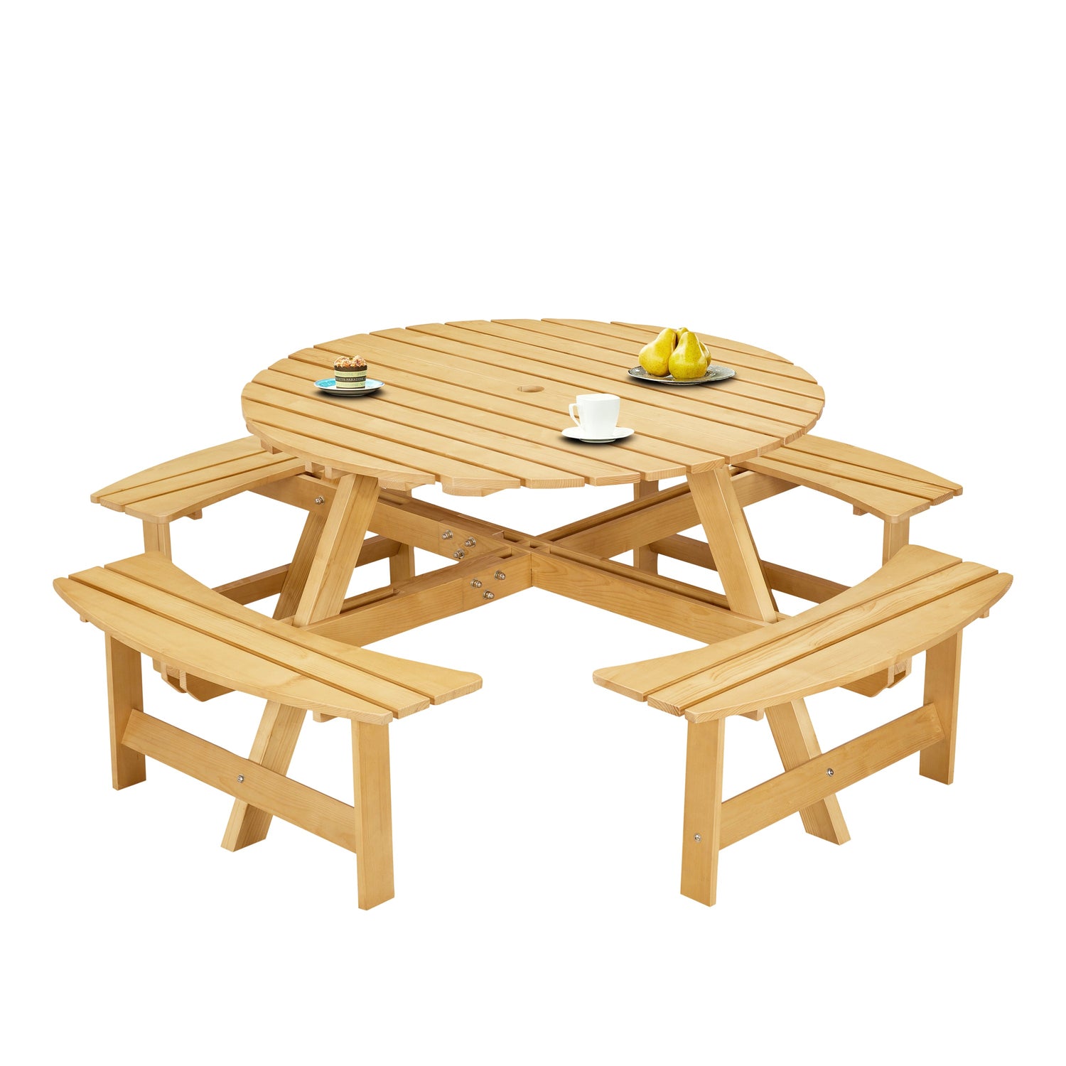8-Person Round Picnic Table with 4 Built-in Benches - Natural Finish