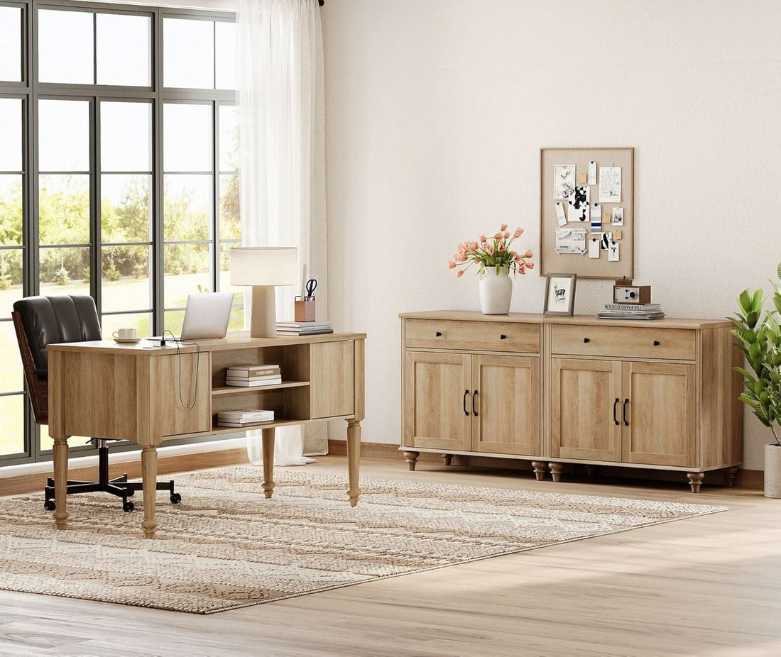 3 Piece Oak Home Office Suite with Executive Desk and 2 Multi-Functional Storage Cabinets